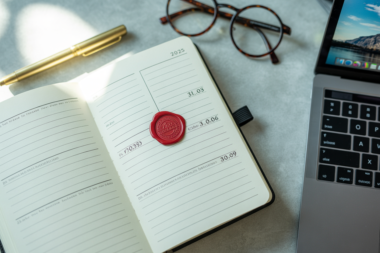 Un calendrier de 2025 avec les échéances fiscales importantes pour les PME suisses entourées en rouge, comme les dates limites pour la TVA et l'impôt sur le bénéfice.