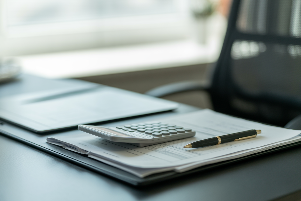 Une image professionnelle montrant une pile de documents financiers (bilan, compte de résultat) à côté d'une calculatrice et d'un stylo sur un bureau bien rangé.