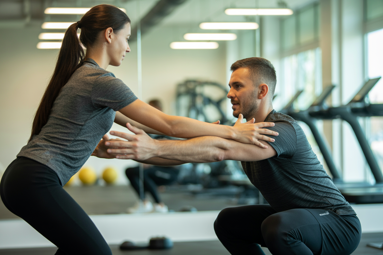 Un personal trainer corrigeant la posture d'un client pendant un exercice de squat dans un studio de fitness privé et bien éclairé.