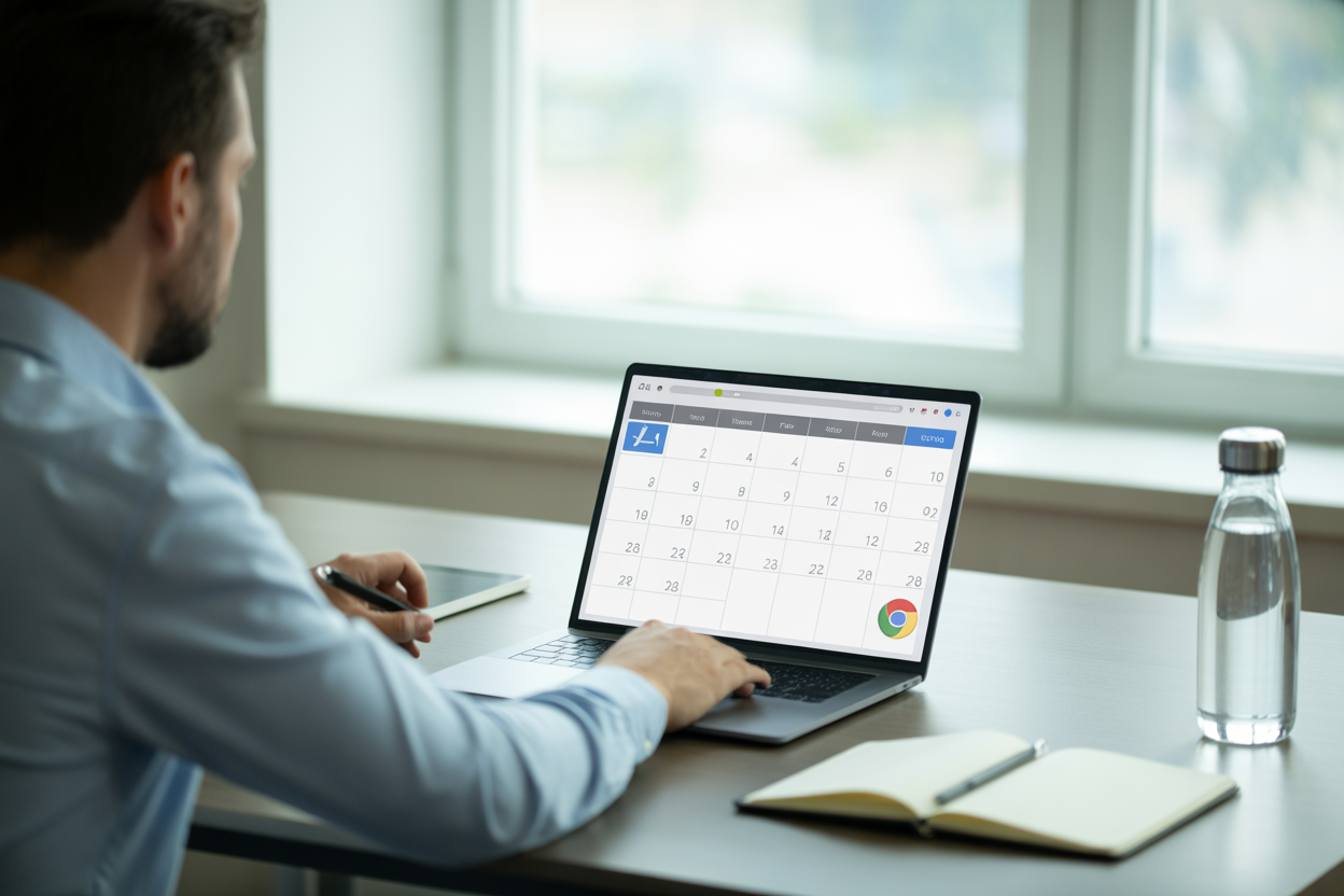 Un professionnel débordé qui consulte son agenda sur son ordinateur, avec une petite icône de fitness à côté. On a tous connu ça, essayer de faire de la place pour le sport.