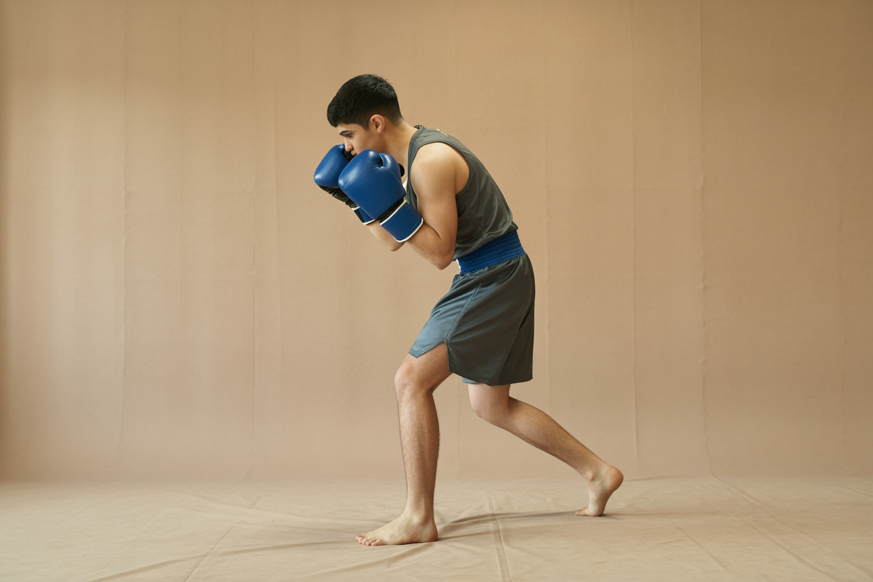 Un boxeur démontrant la posture de garde orthodoxe de base, avec la position correcte des pieds, des mains et du corps.