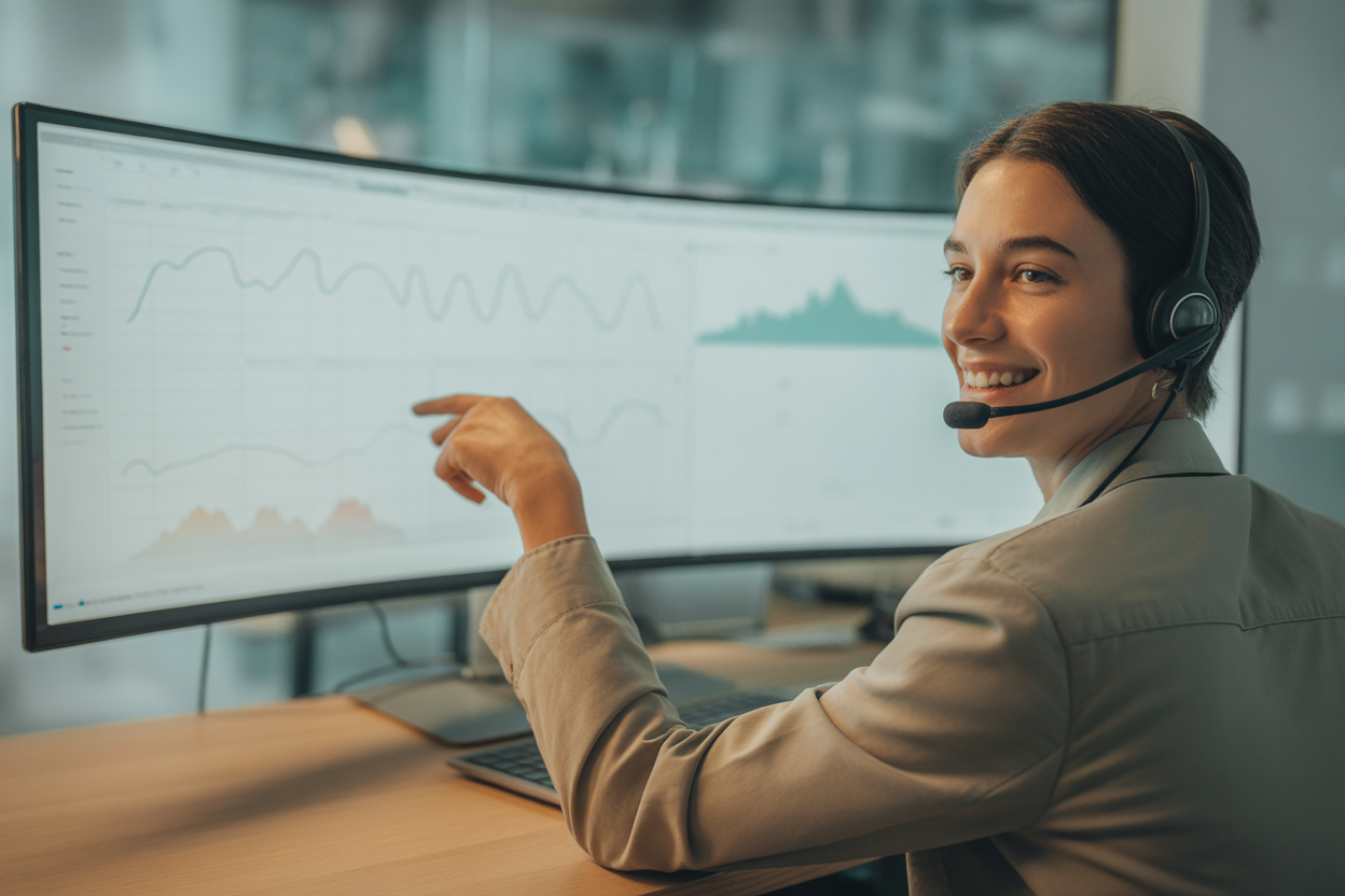 Image montrant un agent humain souriant avec un casque, travaillant en collaboration avec une interface d'IA sur son écran, symbolisant le partenariat entre l'humain et la machine.