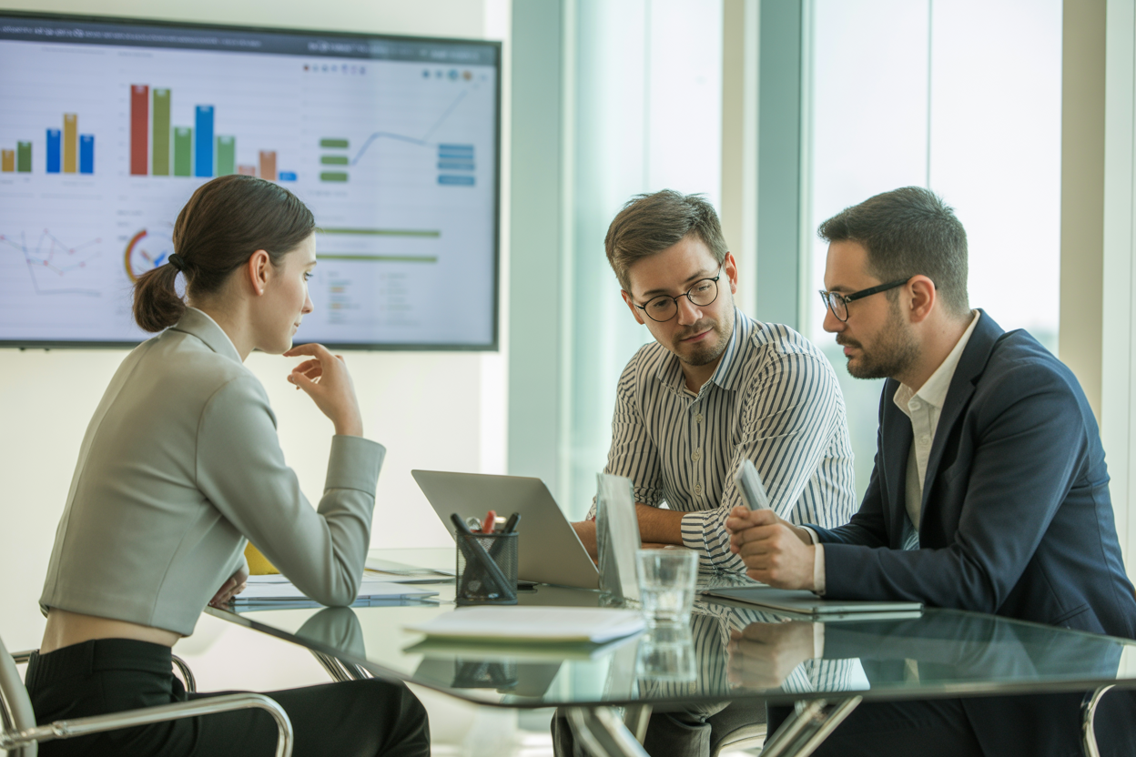 Une photo d'entrepreneurs suisses qui collaborent devant un grand écran affichant un dashboard Agile, pour symboliser la prise de décision en connaissance de cause.