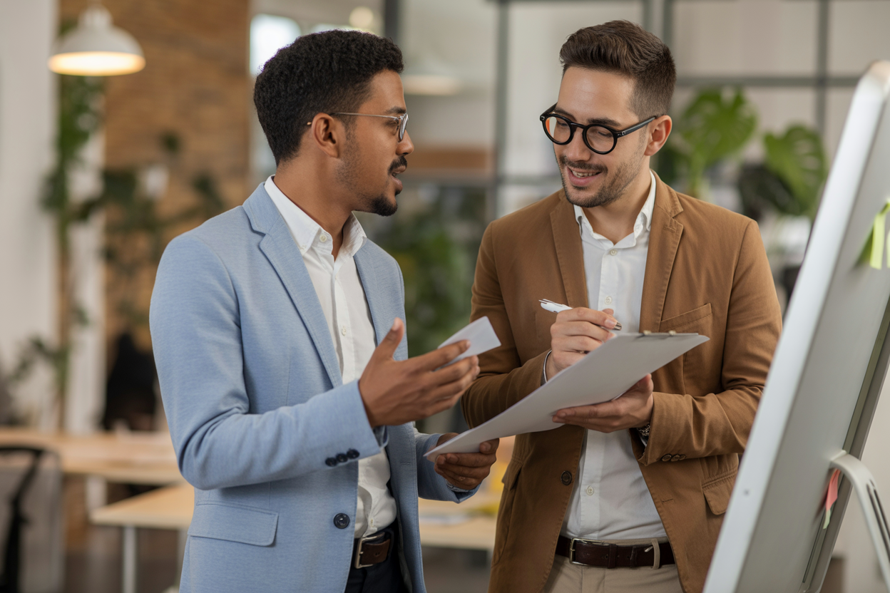 Image professionnelle montrant deux entrepreneurs en discussion devant un tableau blanc avec les structures SARL et SA dessinées.