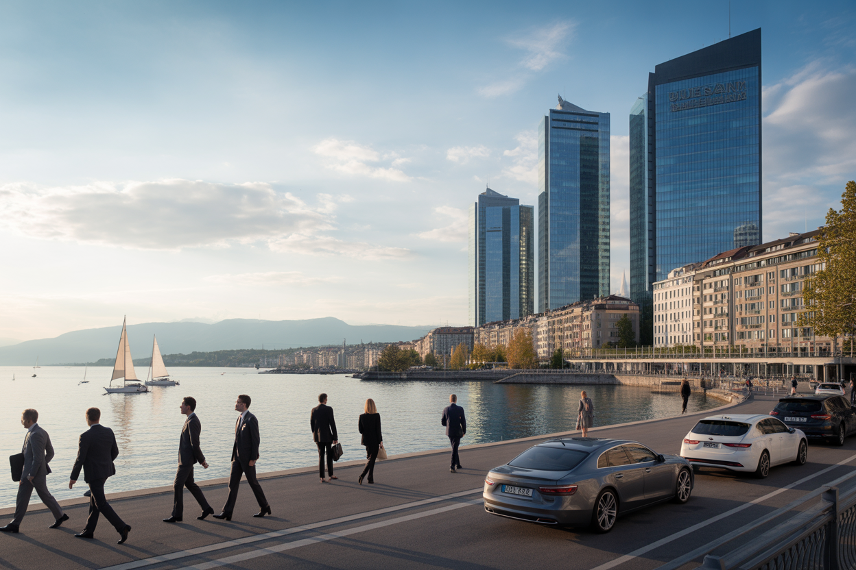 Une photographie professionnelle du quartier des affaires de Lausanne au bord du lac Léman, symbolisant le dynamisme économique local.