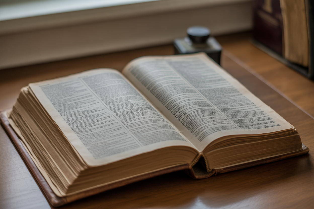 A shot of an old, open dictionary, hinting at Noah Webster's big influence on American spelling.