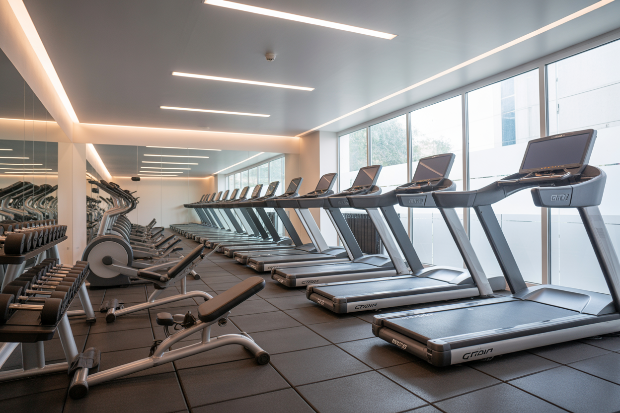 Vue intérieure d'une salle d'entraînement privée moderne et épurée à Crissier, avec des équipements alignés et un éclairage apaisant.