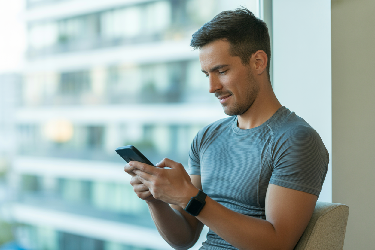 Un professionnel consulte son application de suivi de fitness sur son smartphone après une séance d'entraînement.