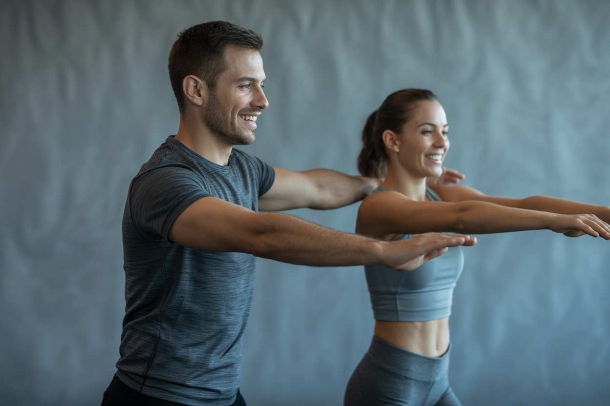 Un coach personnel ajuste la posture d'un client lors d'un exercice dans un studio privé, soulignant l'attention personnalisée.