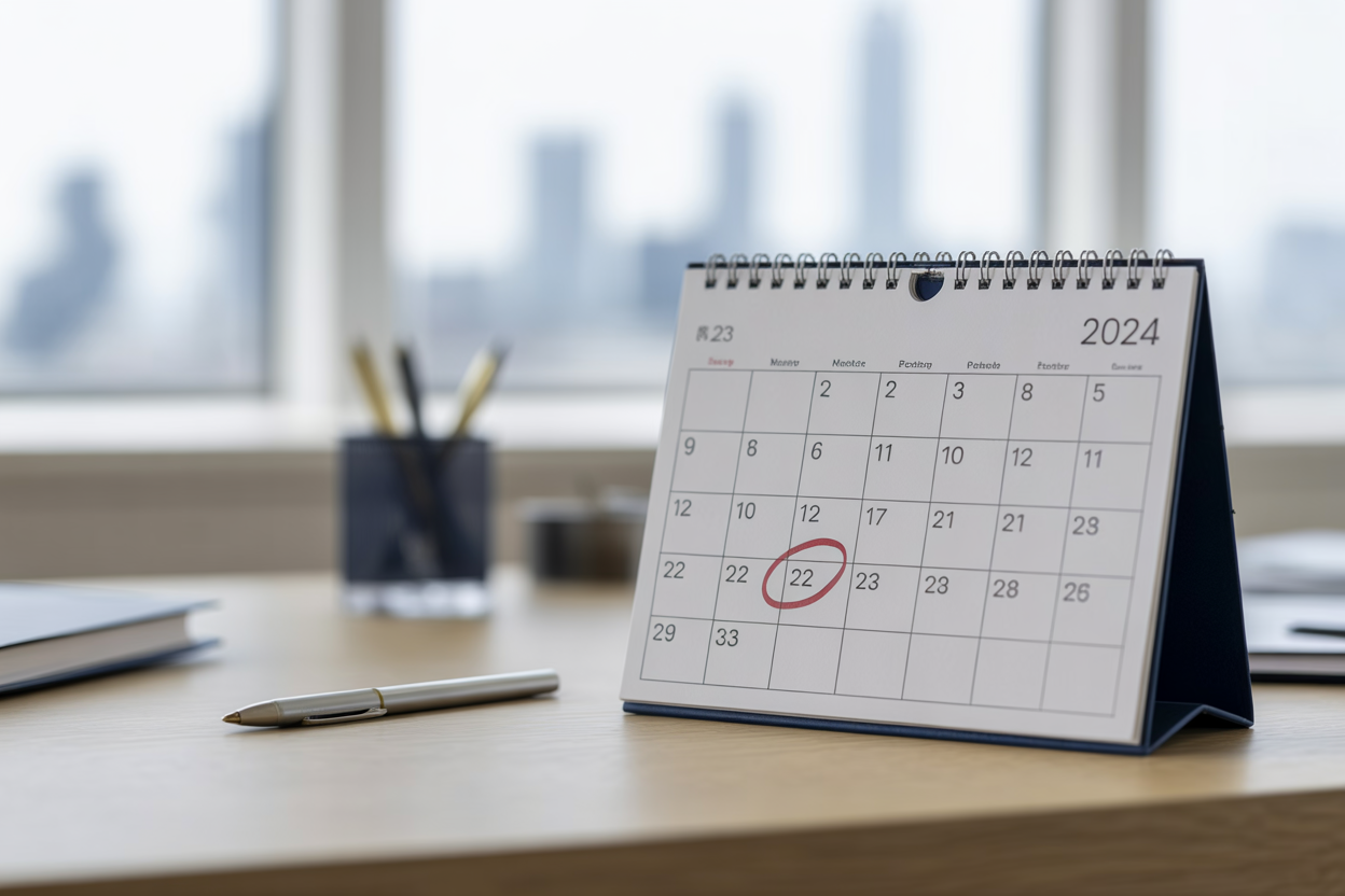 Photo d'un calendrier de bureau avec une date entourée au feutre rouge, pour ne jamais oublier l'importance de la planification et des échéances fiscales.
