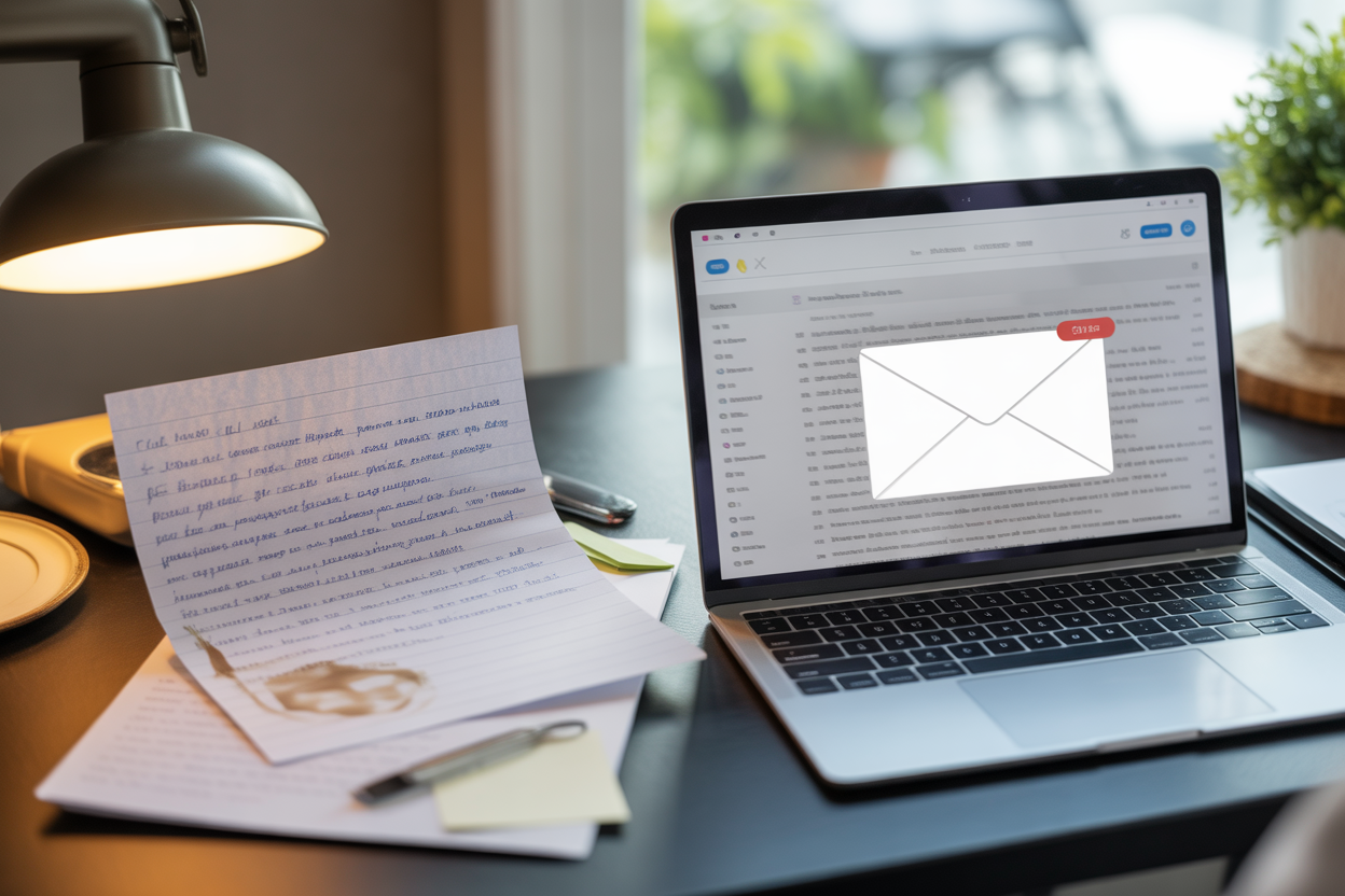 Une image avant/après : à gauche, le brouillon d'un e-mail un peu chaotique ; à droite, la version impeccable réécrite par Claude AI.