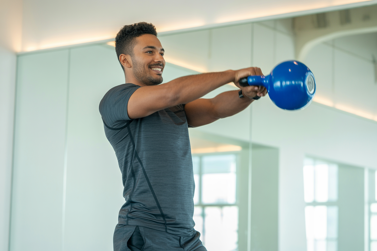 Un gars en tenue de sport qui fait un kettlebell swing avec le bon geste, dans une salle de sport bien éclairée. On voit bien ce que c'est, la force fonctionnelle.