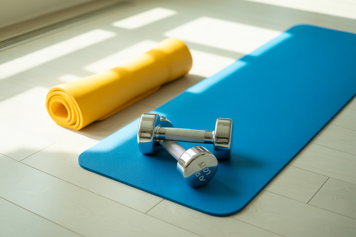 Un ensemble d'équipements de base pour débutants en salle de sport, incluant un tapis de yoga bleu, deux haltères légers et une bande de résistance jaune, disposés proprement sur un sol en bois.