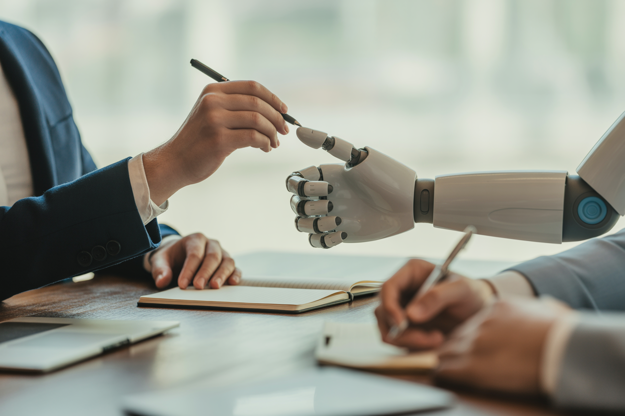 A cool symbolic image of someone holding a pen, with a robot hand guiding them but not taking over, a perfect picture of how humans and AI should work together in writing.