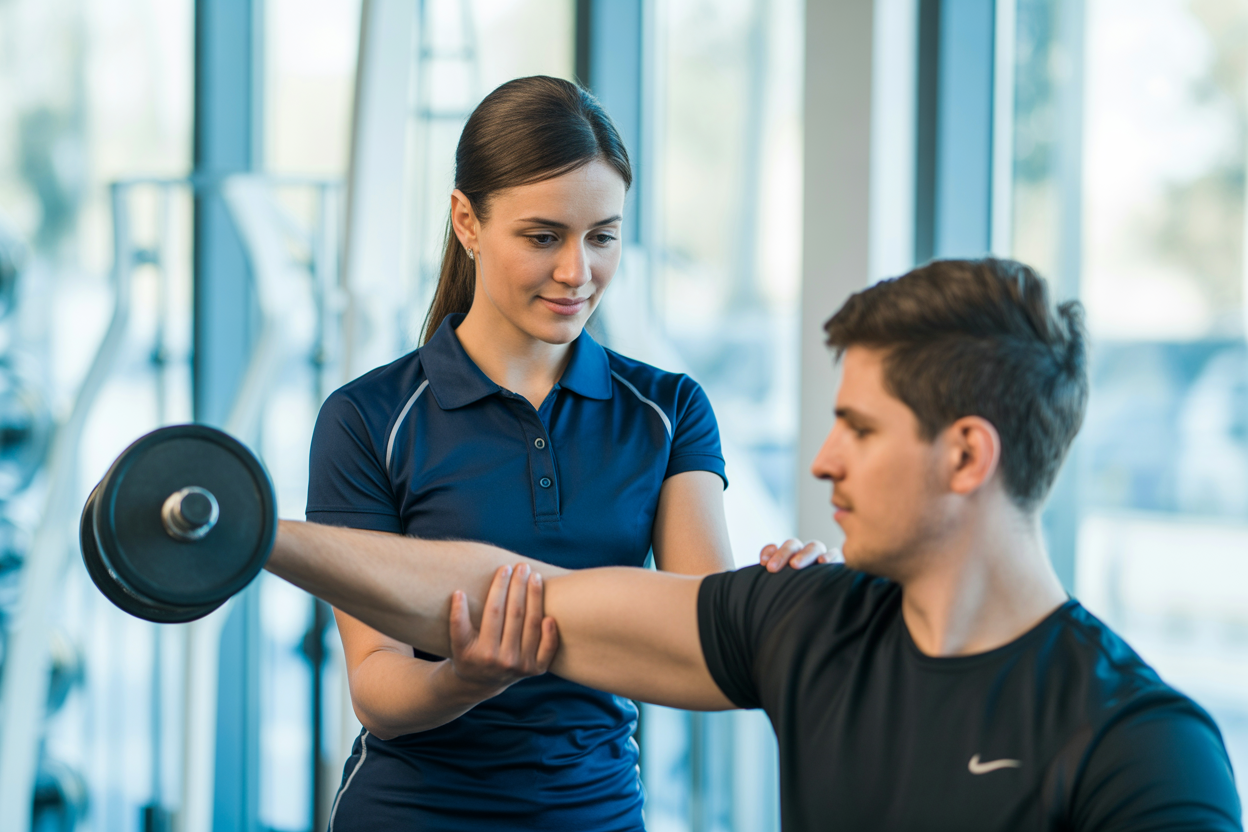 A private fitness coach in Lausanne carefully observing and correcting a client's form during a dumbbell exercise to ensure safety and effectiveness.