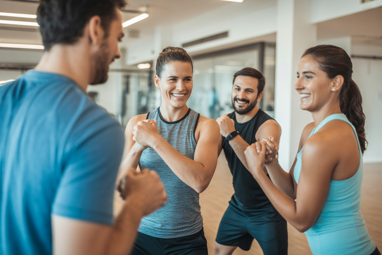 A diverse group of people of different ages and fitness levels looking happy and motivated while working out with their private coach.