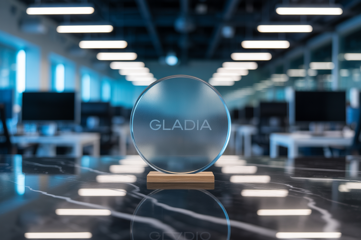 Gladia's logo set against a modern, techy background to give off those AI and innovation vibes.