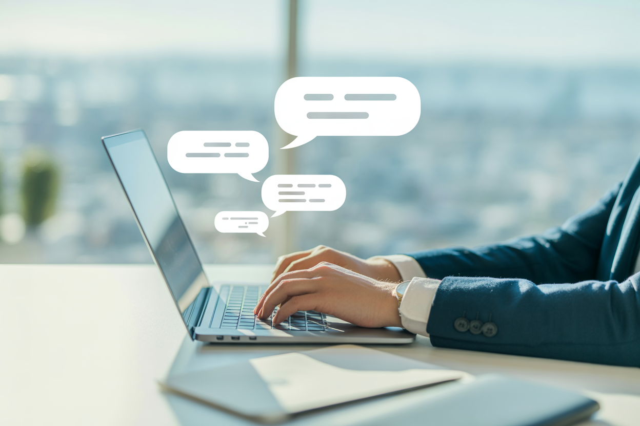 A modern and sleek image showing a person interacting with a chatbot on a laptop screen, with conversation bubbles visible.