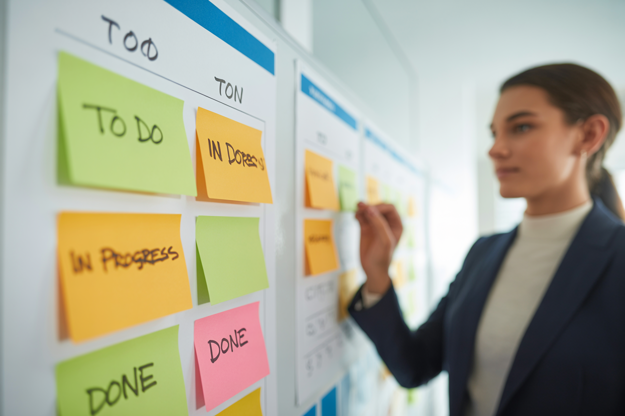 An image of a physical Kanban board with colorful sticky notes in different columns like 'To Do', 'In Progress', and 'Done', representing a clear workflow.