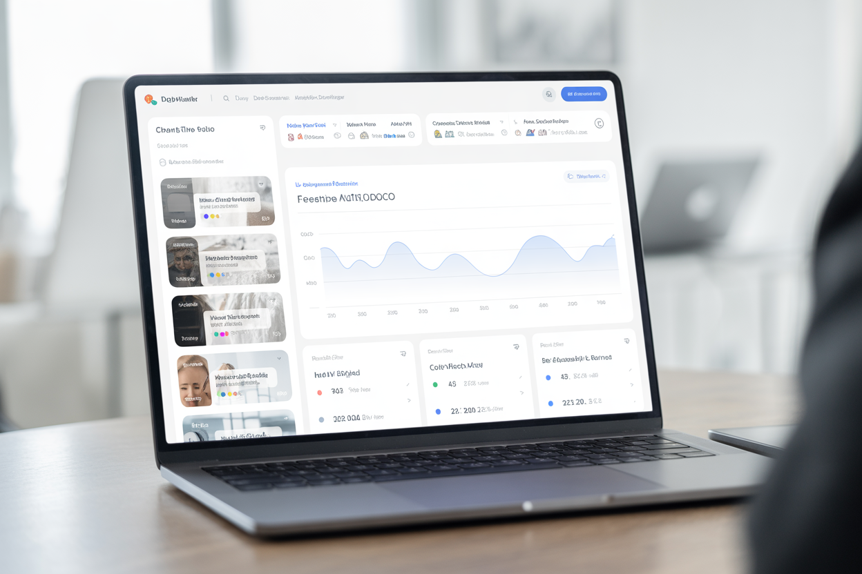 A clean and modern dashboard interface showing multiple client websites listed on the side, with key metrics like traffic and sales visible at a glance.