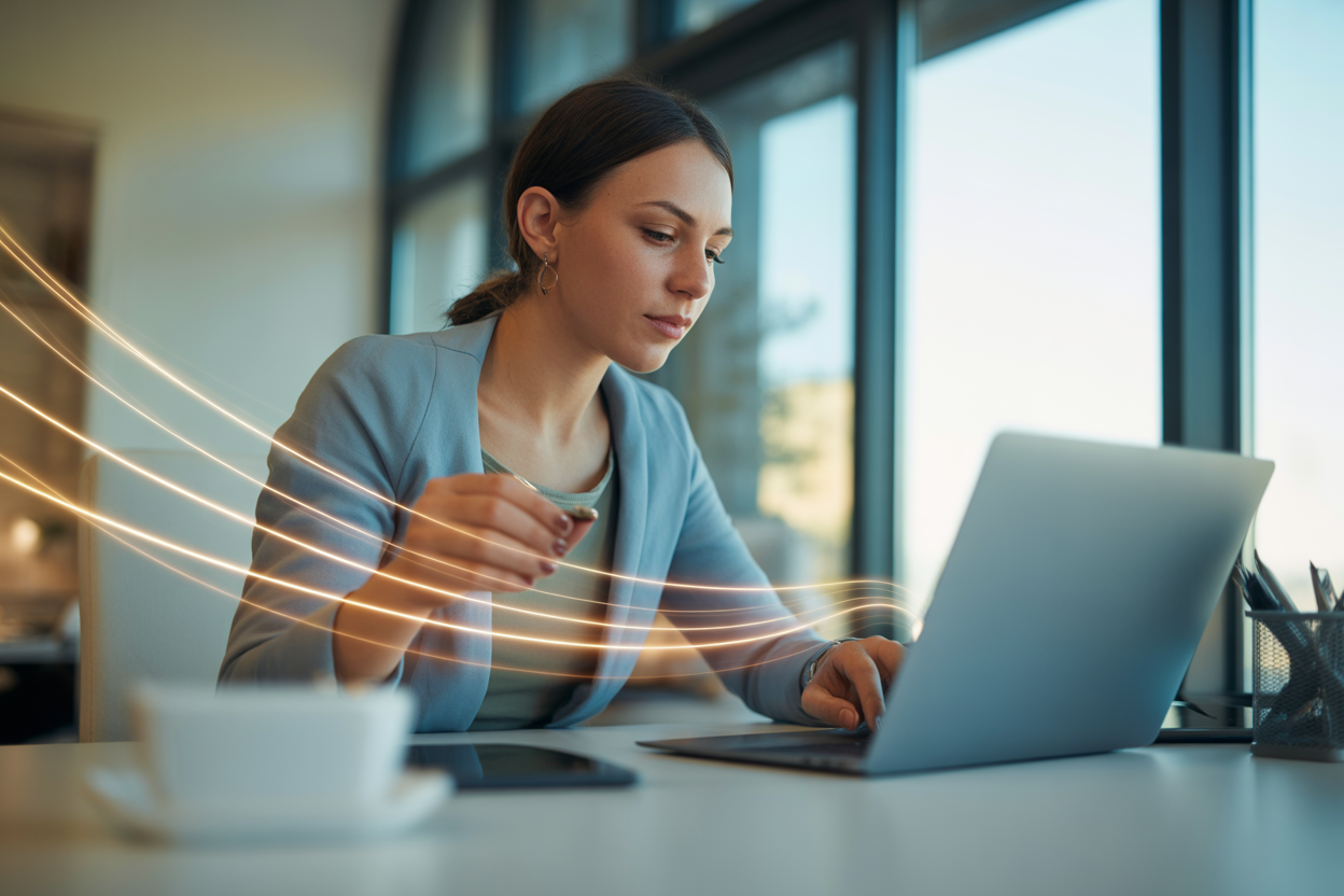 Une image d'une personne en train de retoucher un texte sur un écran d'ordinateur, avec des mots comme 'naturel', 'fluide', 'engageant' qui flottent autour.