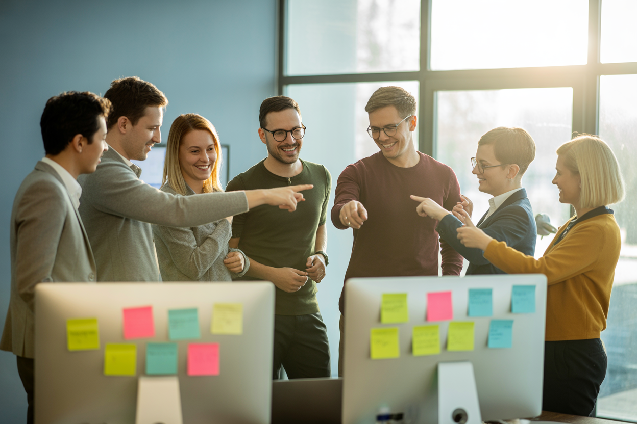 Une équipe diversifiée en pleine réunion de Daily Scrum, debout en cercle autour d'un tableau Kanban, l'air concentré mais collaboratif.