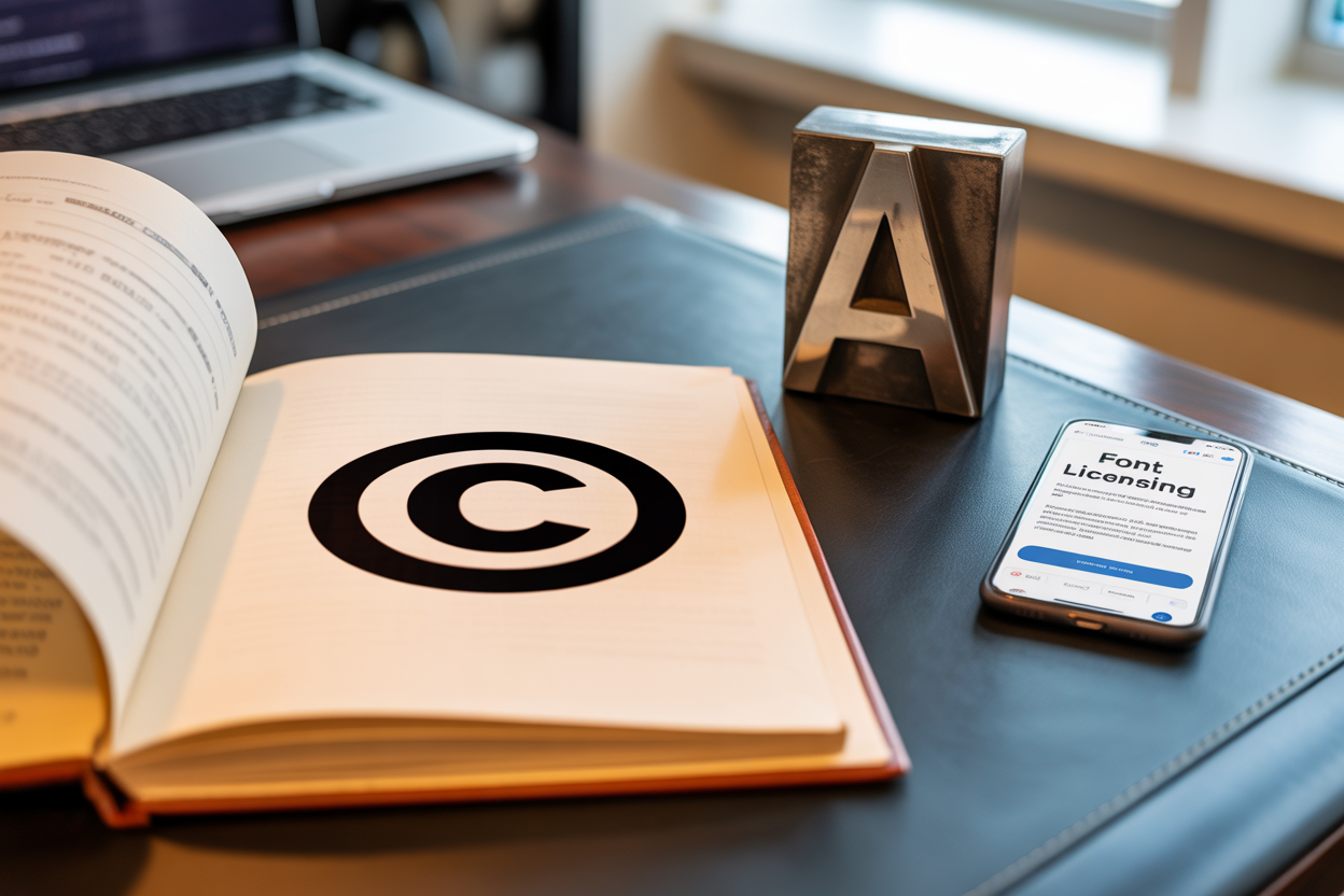 A cool graphic showing a font character with a copyright symbol and a license document sitting next to it.