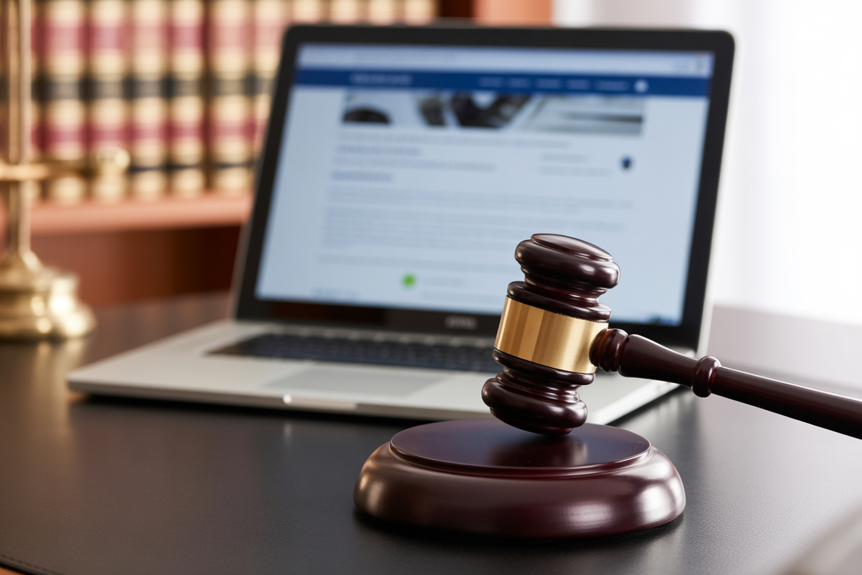 A cool, stylized image of a judge's gavel next to a computer screen showing a website, symbolizing the legal consequences of font misuse.