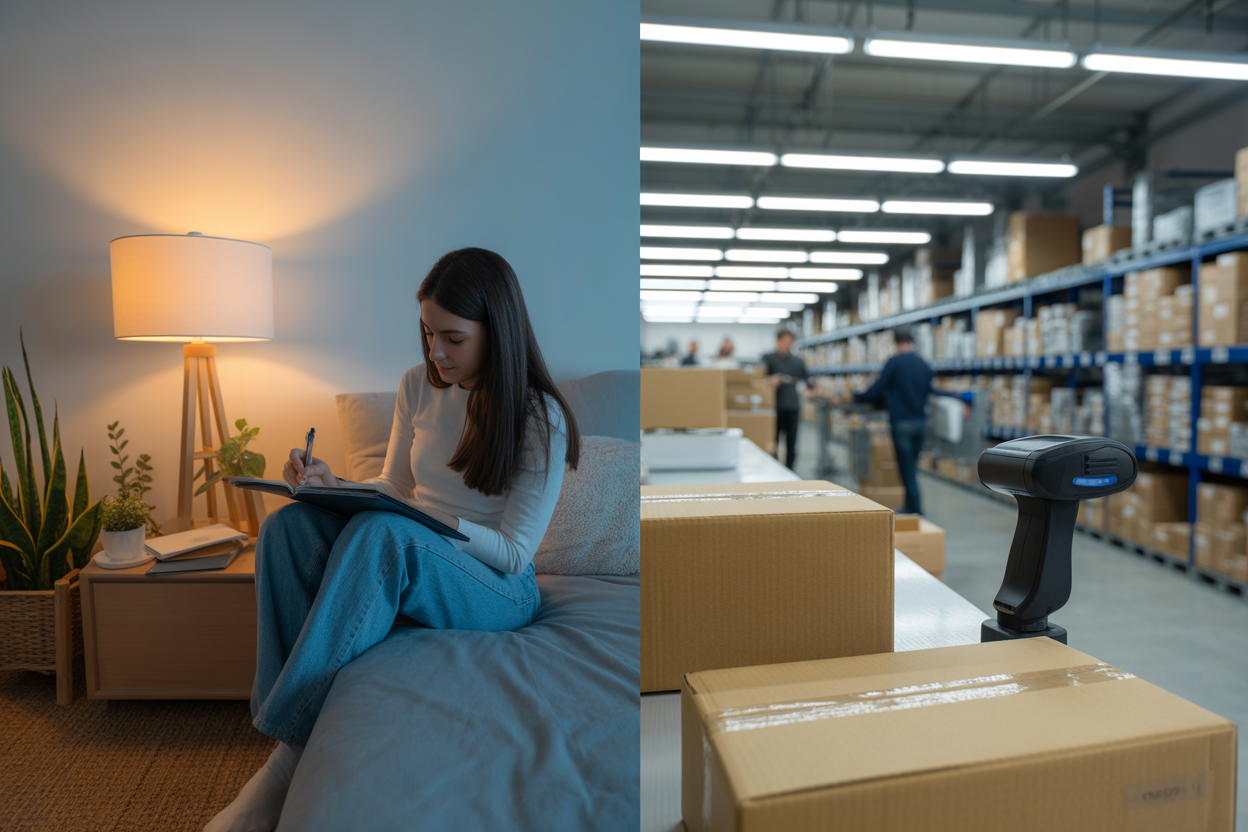 A split image. On the left, a hobbyist blog with 'Personal Use'. On the right, an e-commerce store with 'Commercial Use'.