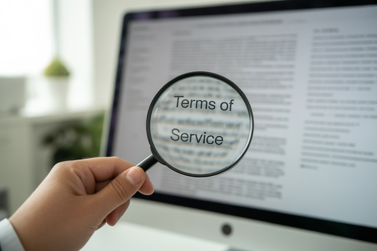 A magnifying glass hovering over the fine print of a font license document on a computer screen.