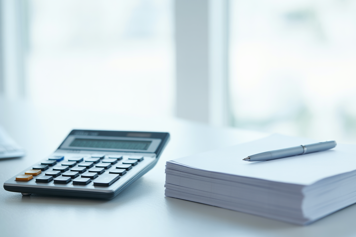 Une image symbolique d'une calculatrice, de documents comptables et d'un stylo sur un bureau, représentant la phase de calcul des actifs et de règlement des dettes.