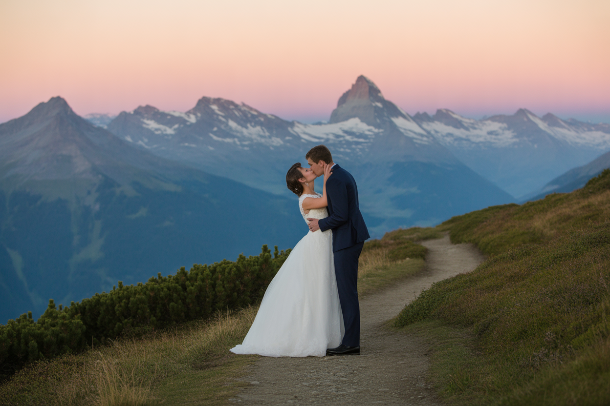 Un couple de mariés s'embrassant avec un magnifique paysage alpin suisse en arrière-plan, illustrant un mariage de destination.