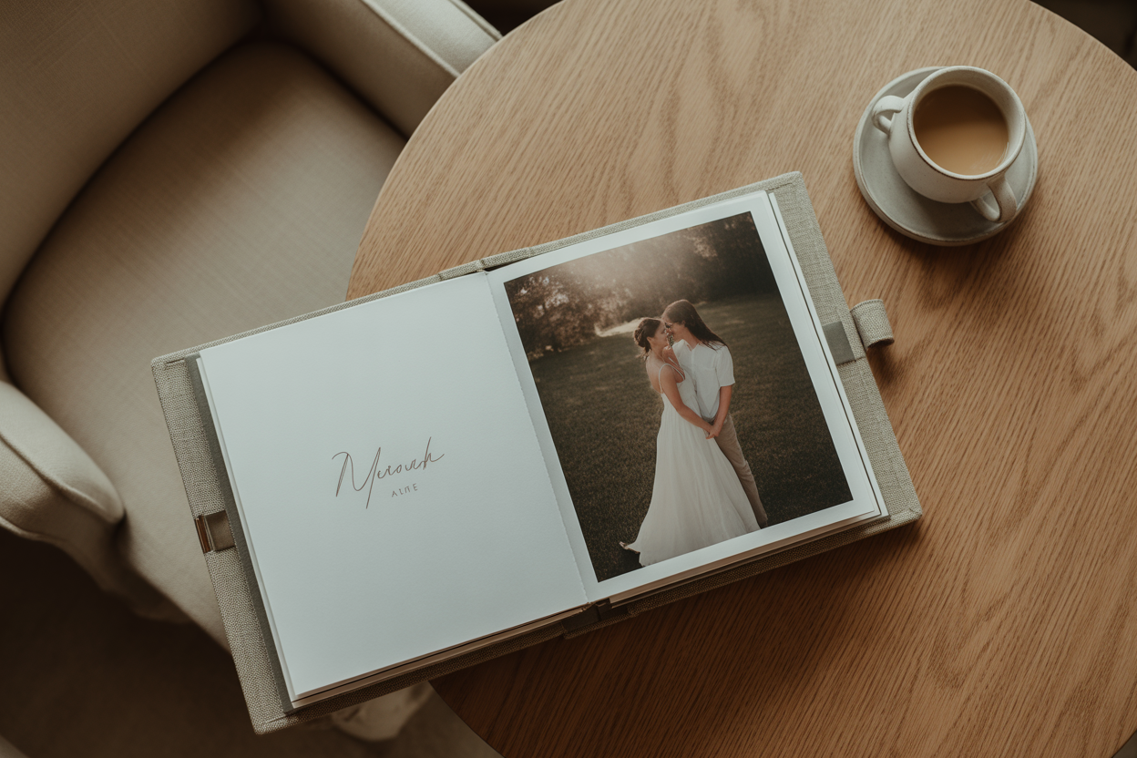 Une photo d'un élégant album de mariage ouvert, posé sur une table en bois à côté d'une tasse de café.