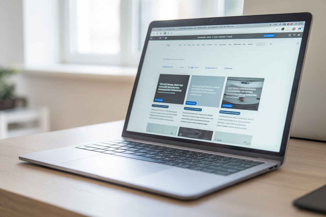A professional-looking blog homepage created with Kleap, showcasing a clean design and engaging article headlines on a laptop screen.