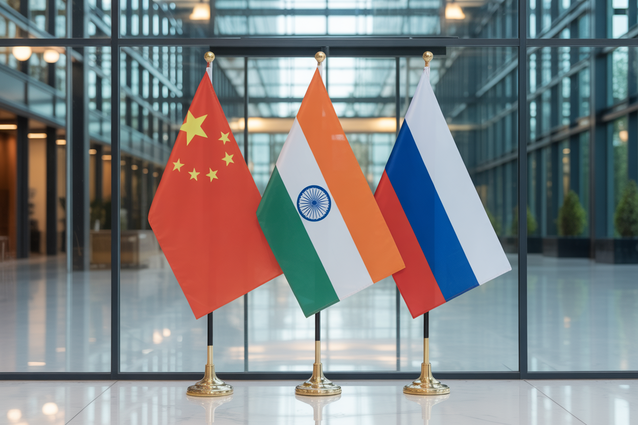 Drapeaux de la Chine, de l'Inde et de la Russie se rencontrant pour symboliser leur sommet régional.