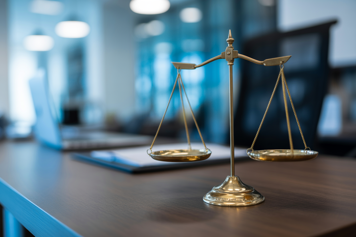 Une photo en gros plan d'une balance de la justice, qui nous rappelle qu'il faut toujours trouver le juste milieu entre les décisions business et nos responsabilités légales et morales.