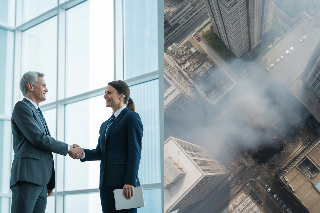 A digital composite image showing a split view of a diplomatic handshake and a satellite image of a conflict zone, representing global tensions.