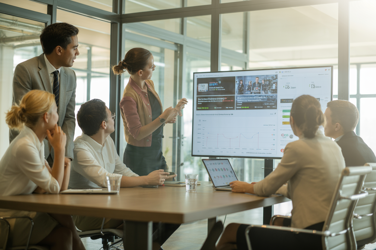 Picture a diverse team in a professional setting, huddled around a big screen that's showing world news and data, working together on a strategy in real time.