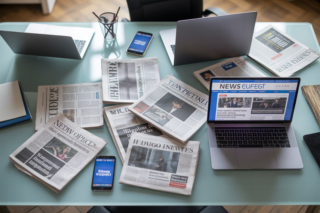 A digital collage showing news headlines from all over, pieced together like a mosaic to represent a single day's global news.