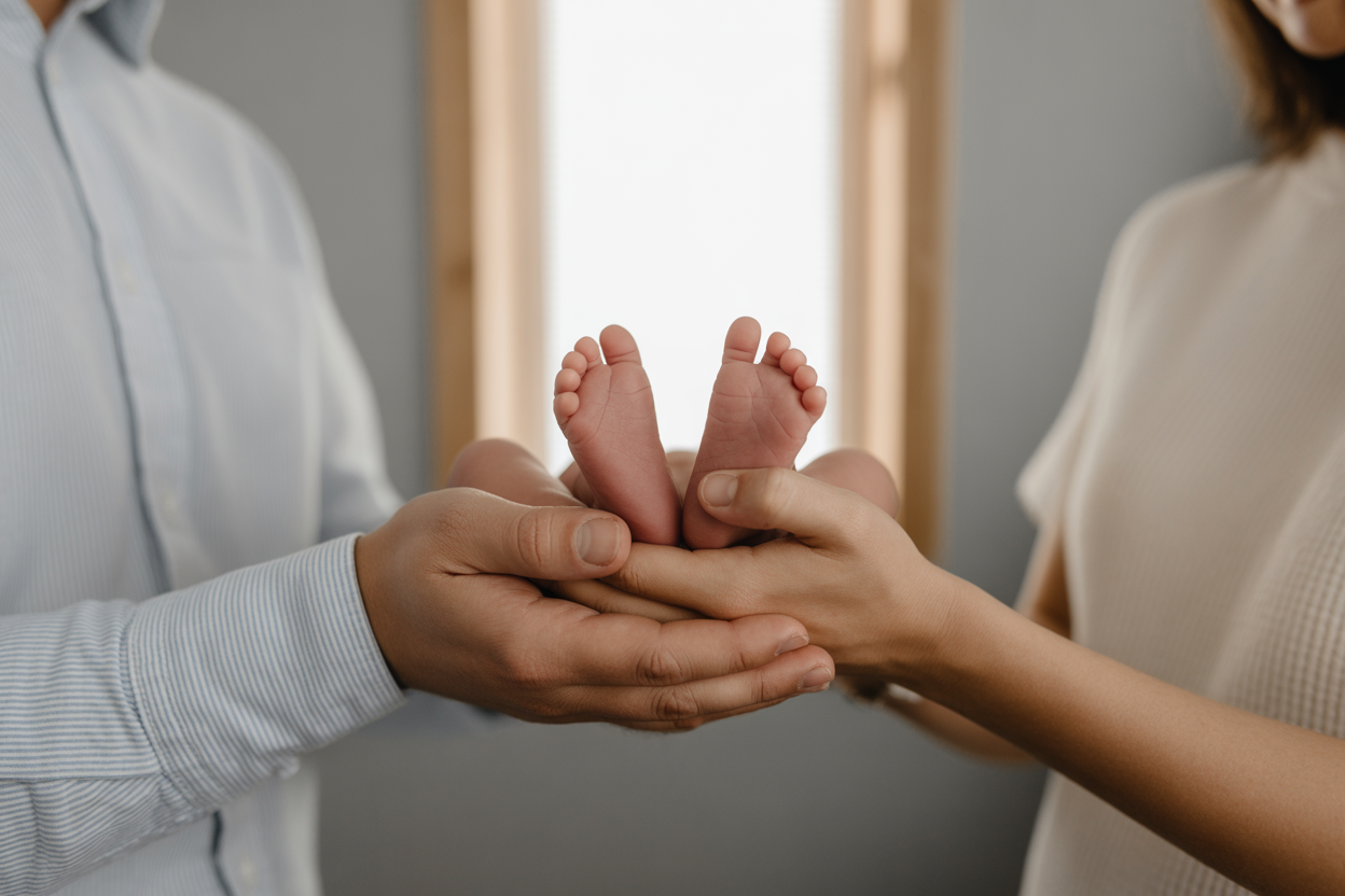 Gros plan sur les petits pieds d'un bébé tenus délicatement dans les mains de ses parents.