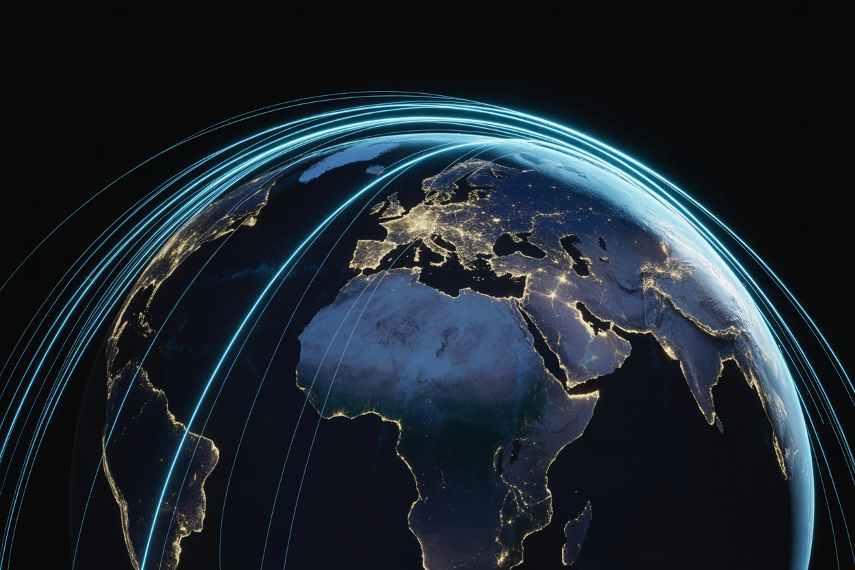 A picture of the Earth from space, with glowing lines connecting the continents to show how news and events are all linked together.
