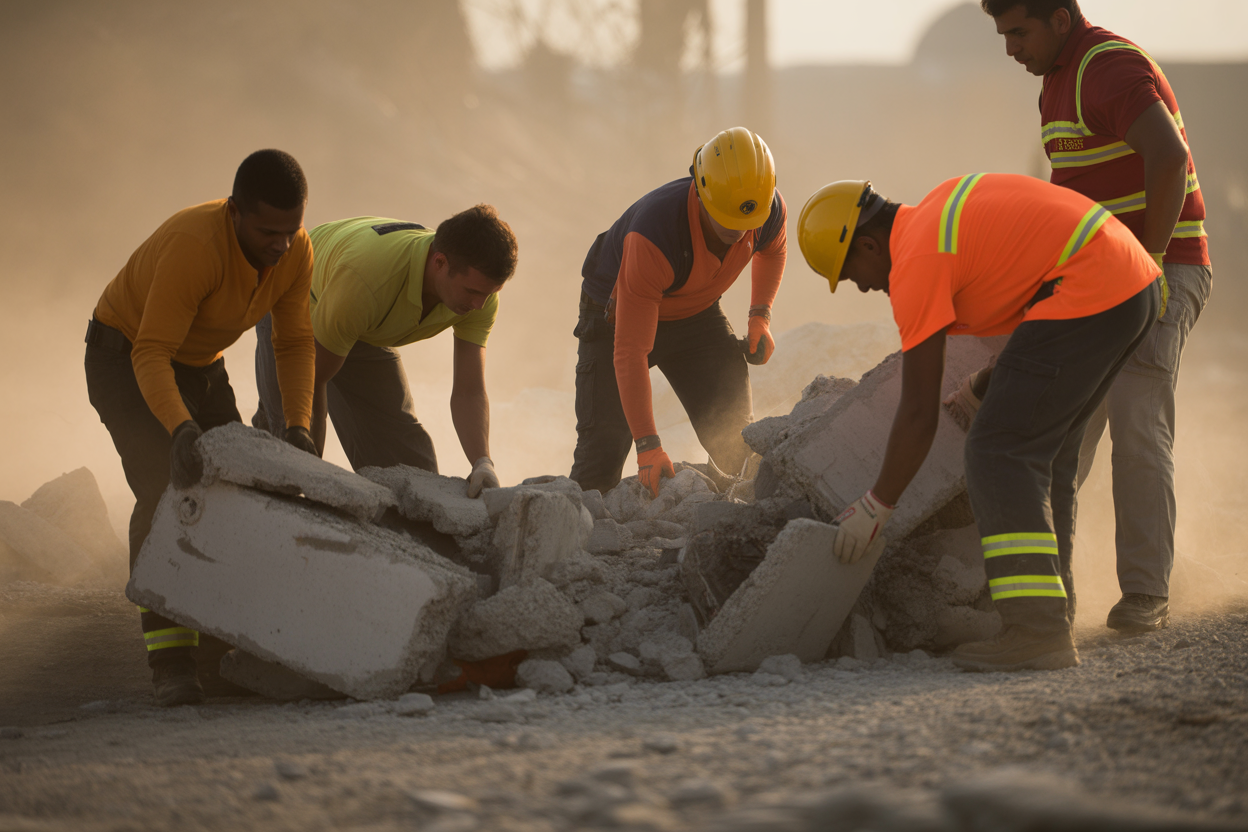 A picture of rescue workers from different countries carefully digging through the wreckage of a building that fell down during an earthquake.