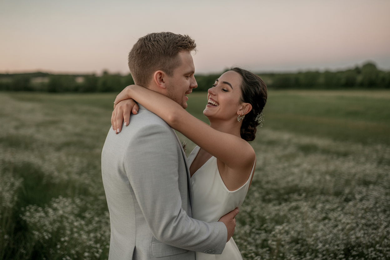 Un couple de mariés riant ensemble dans un champ, capturé de manière spontanée avec une lumière naturelle douce.
