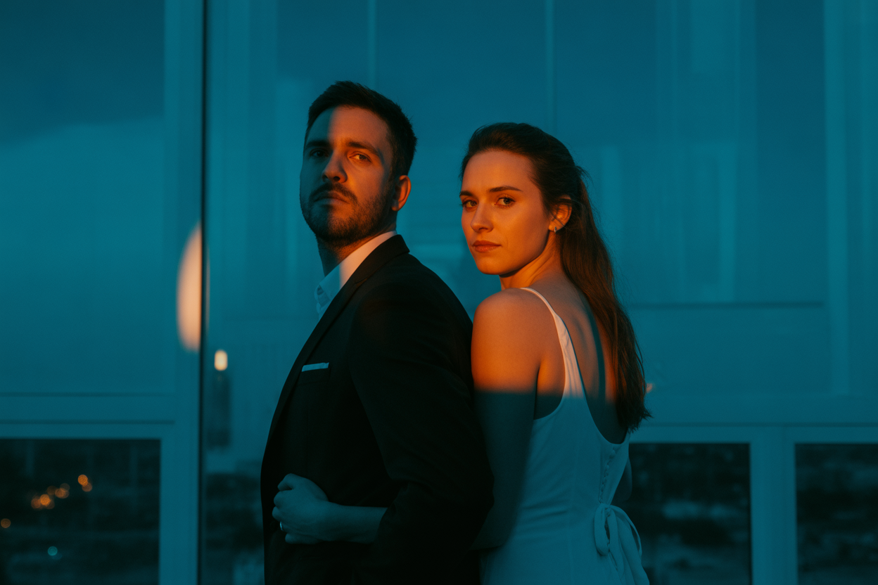 Une photo de mariage avec une esthétique cinématographique, utilisant des éclairages dramatiques et une composition soignée.