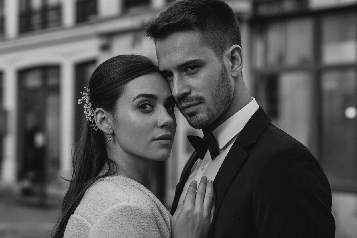 Un portrait en noir et blanc d'un couple de mariés, mettant en valeur l'émotion et le contraste de la lumière.