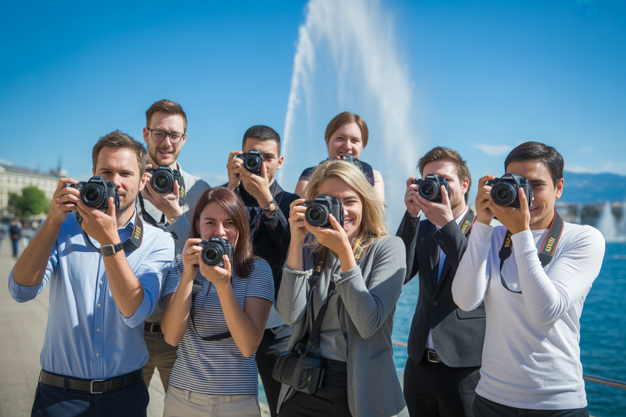Un groupe de personnes participant à un cours de photographie en extérieur à Genève, avec le Jet d'Eau en arrière-plan.