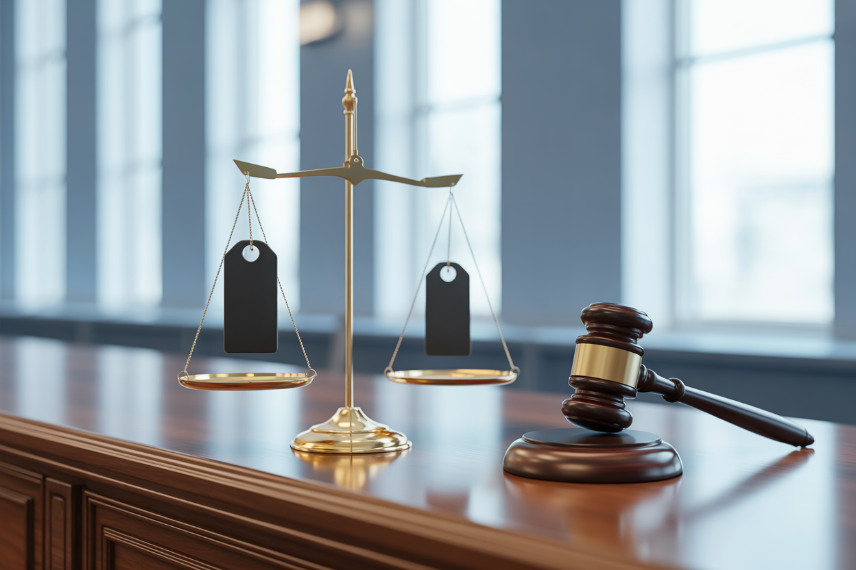 Conceptual image showing a balance scale with a price tag on one side and a legal gavel on the other, representing the intersection of corporate pricing and government regulation.