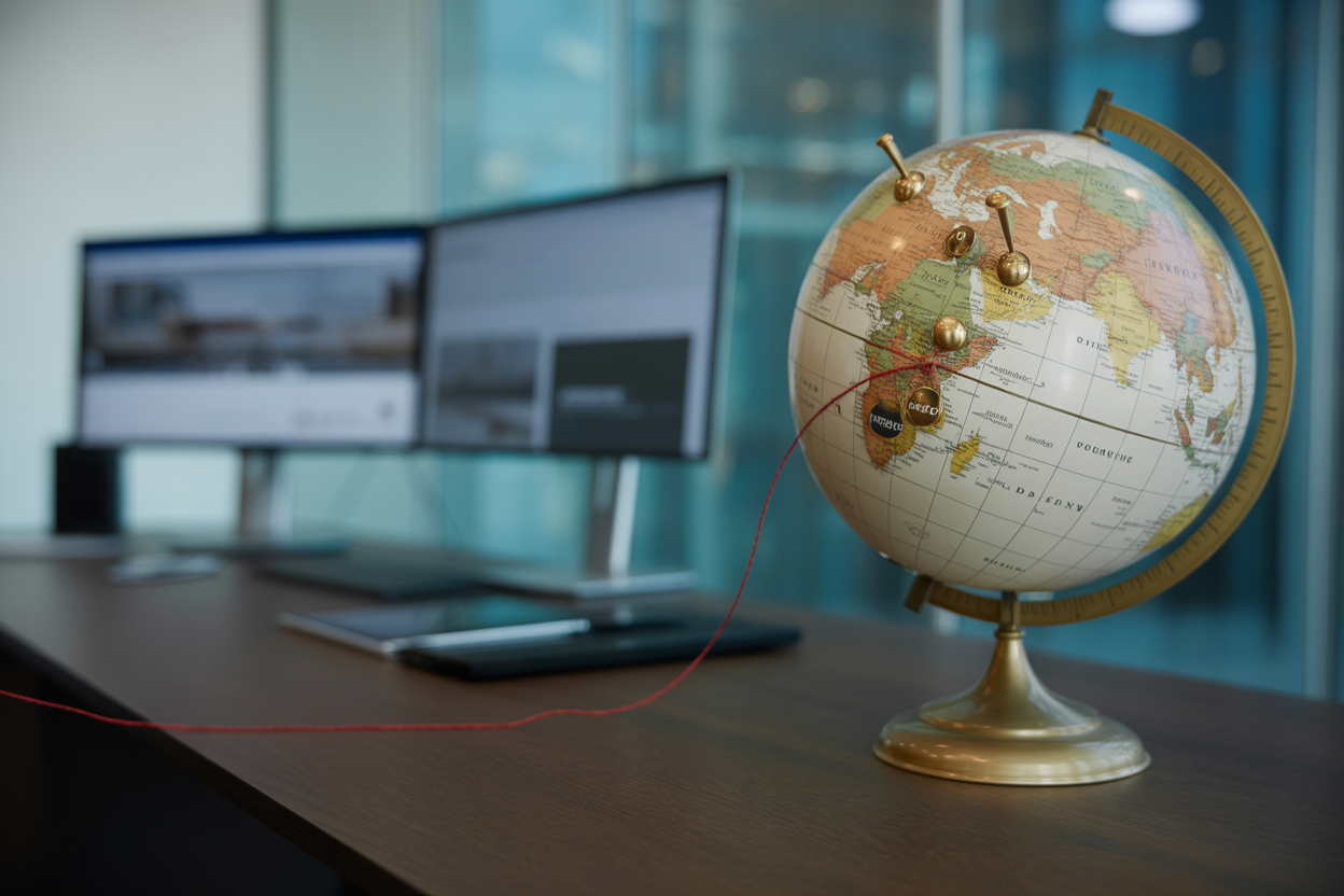 A world map with pins in different countries, symbolizing a business's expanding global reach through a multilingual website.