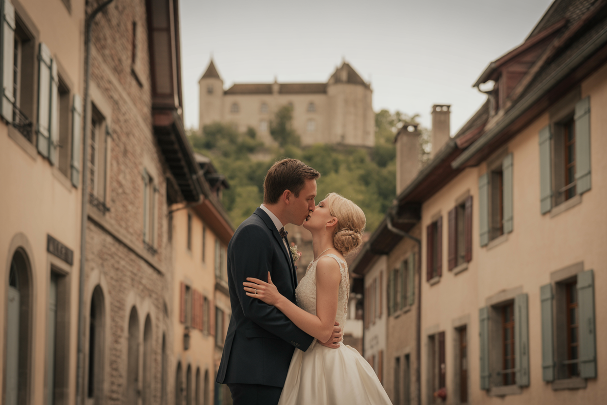 Un couple de mariés qui s'embrassent tendrement dans une ruelle pavée de la vieille ville de Gruyères, avec le château qui se dessine en arrière-plan.