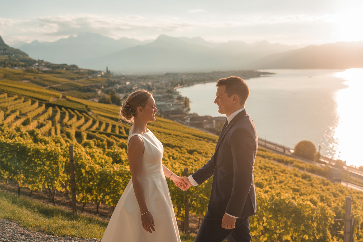 Un couple de mariés, main dans la main, au cœur des vignobles en terrasses de Lavaux. Derrière eux, le lac Léman et les Alpes s'embrasent sous le soleil couchant.